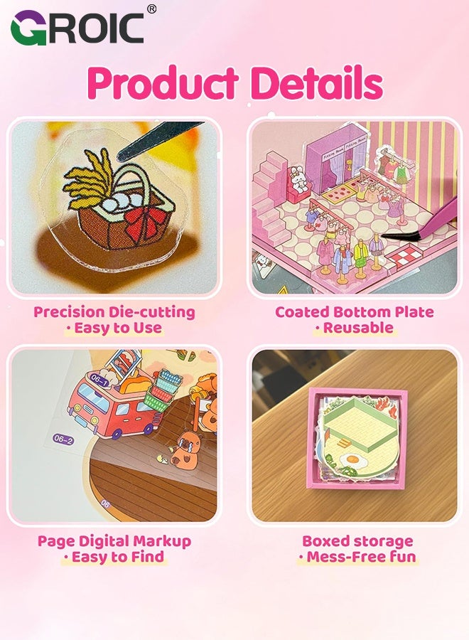 GROIC 20 Sets 3D Sticker Scen, Scene Sticker Book for Adult Kids for Relief Stress Pass The Time, Make Your Own Cute 3D Miniature Stickers Scene Sticker, Build Decorative Miniature House, Landscape Scenes - Image 3